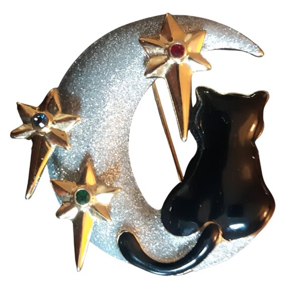 Ciro Black Cat & The Moon w/ Stars Vintage Brooch - Picture 1 of 9